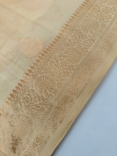 Light weight Katan Silk Saree from Banaras | Light Beige | Gold Zari | Handwoven | Silk Mark Certified | Ships from California